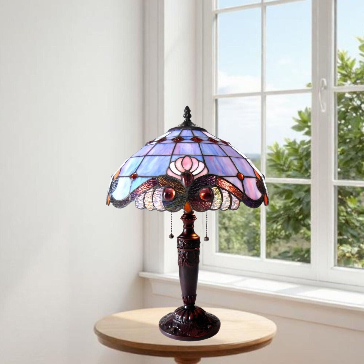 Tiffany Style Stained Glass Table Lamp Victorian Theme in Lavender Design 20in