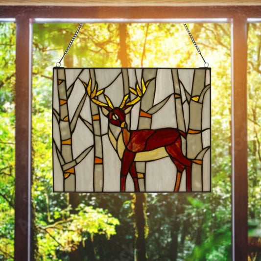 Hanging Majestic Deer Stained Glass Window Panel Suncatcher - 14x11in