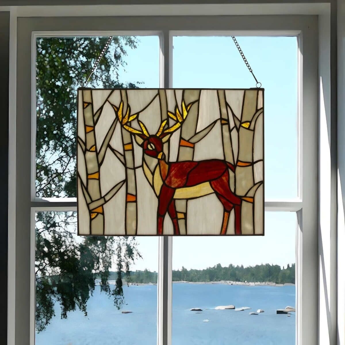 Hanging Majestic Deer Stained Glass Window Panel Suncatcher - 14x11in