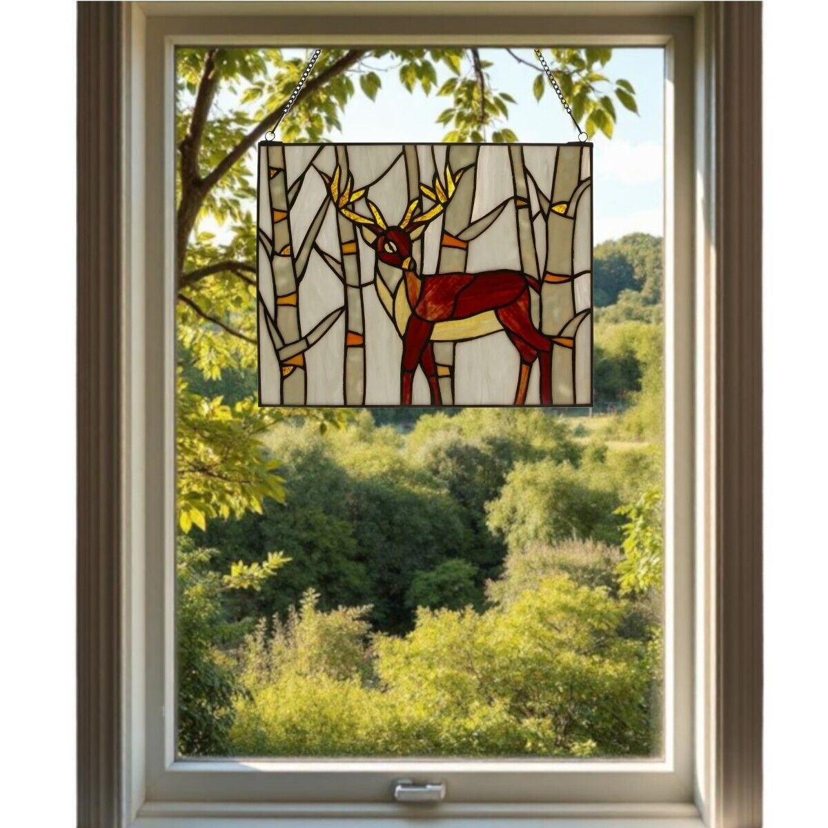 Hanging Majestic Deer Stained Glass Window Panel Suncatcher - 14x11in