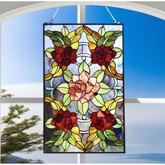 Stained Glass Window Panel Suncatcher with Floral Roses Design 20x32in