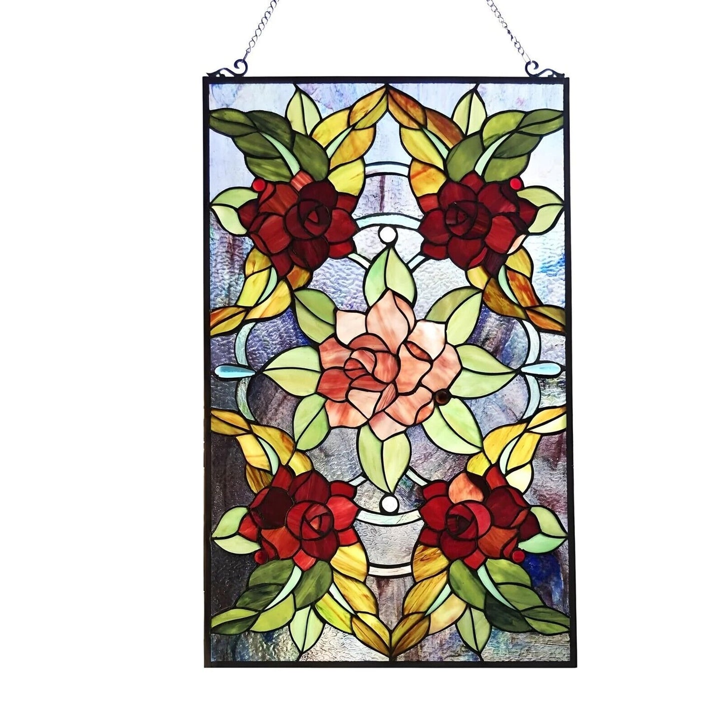 Stained Glass Window Panel Suncatcher with Floral Roses Design 20x32in