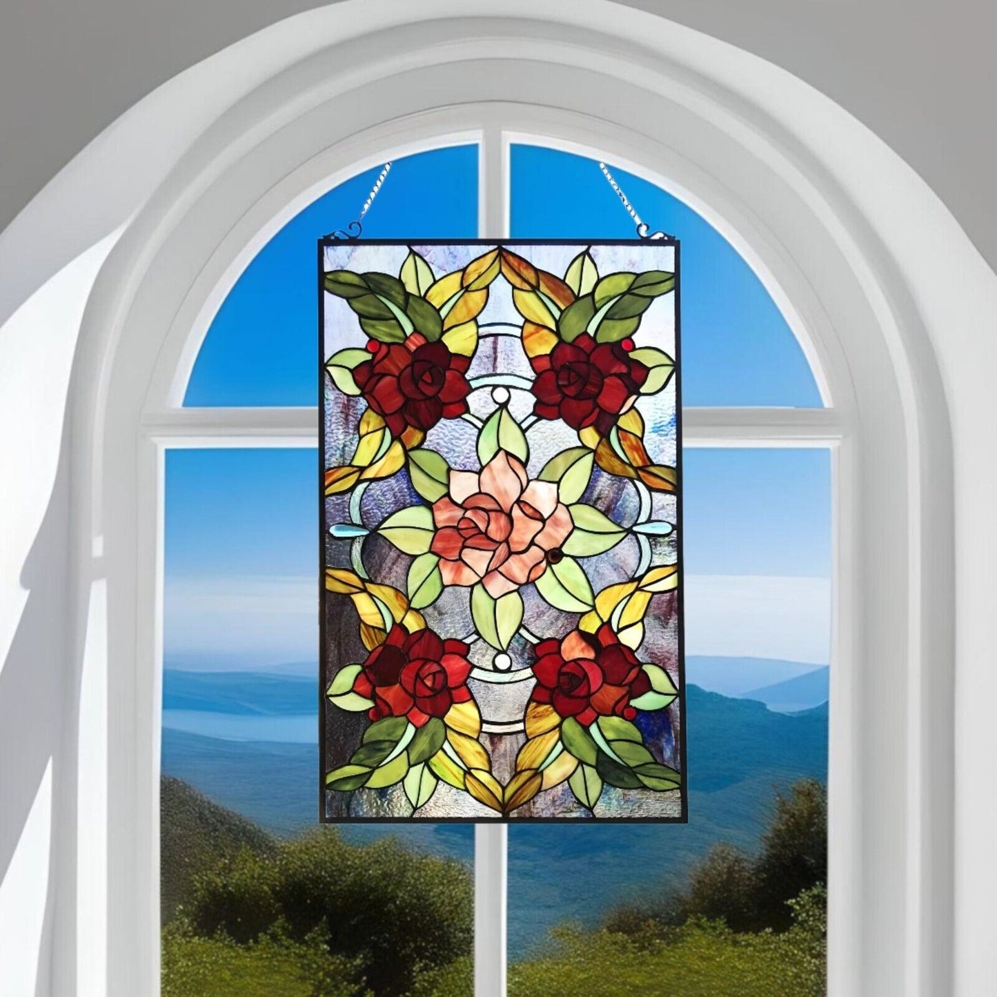 Stained Glass Window Panel Suncatcher with Floral Roses Design 20x32in