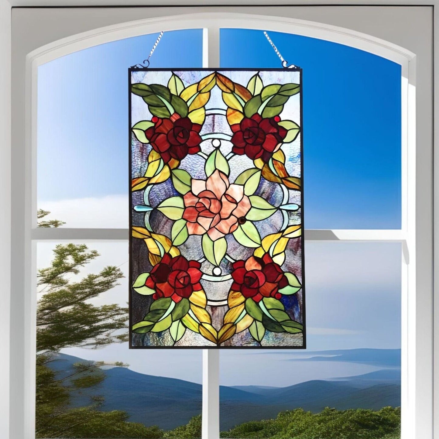 Stained Glass Window Panel Suncatcher with Floral Roses Design 20x32in