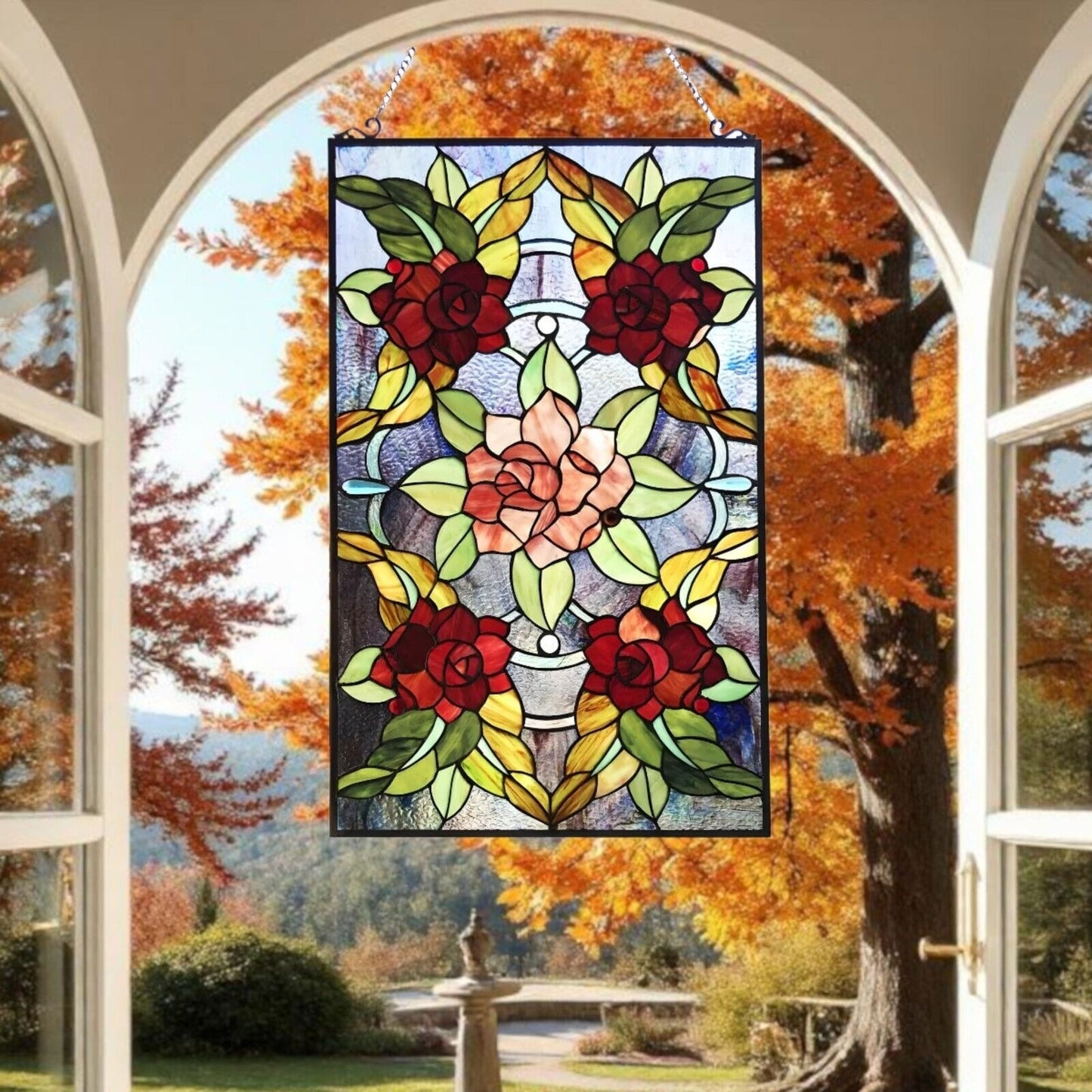 Stained Glass Window Panel Suncatcher with Floral Roses Design 20x32in