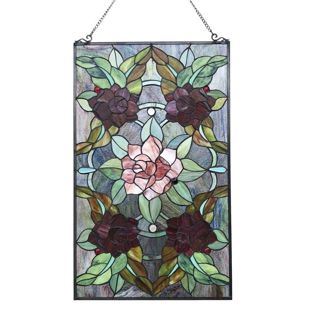 Stained Glass Window Panel Suncatcher with Floral Roses Design 20x32in