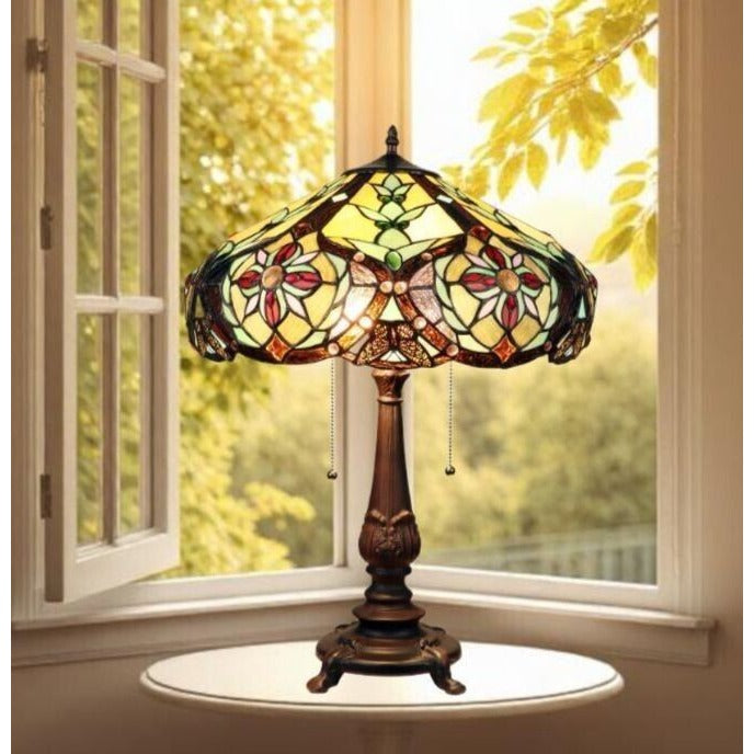 Stained Glass Table Lamp Tiffany Style Victorian Design 2 Light in Amber 24in