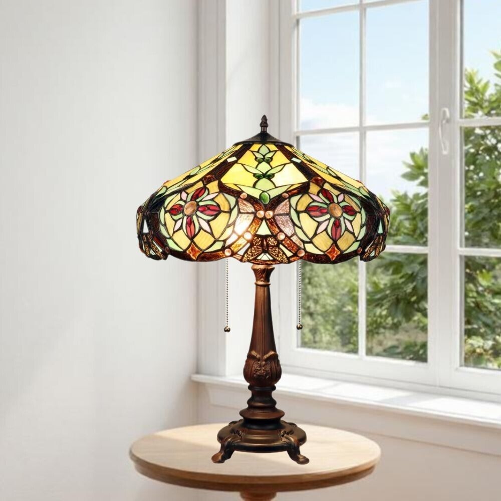 Stained Glass Table Lamp Tiffany Style Victorian Design 2 Light in Amber 24in