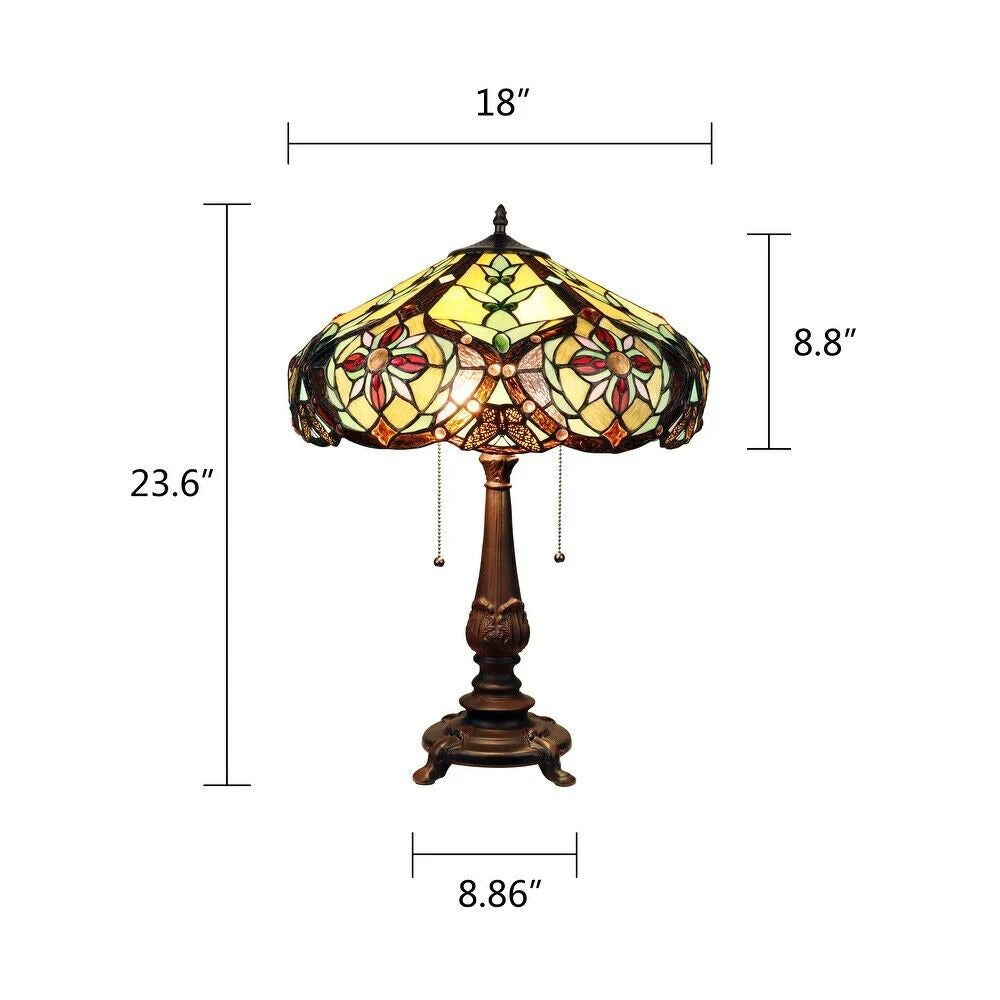 Stained Glass Table Lamp Tiffany Style Victorian Design 2 Light in Amber 24in