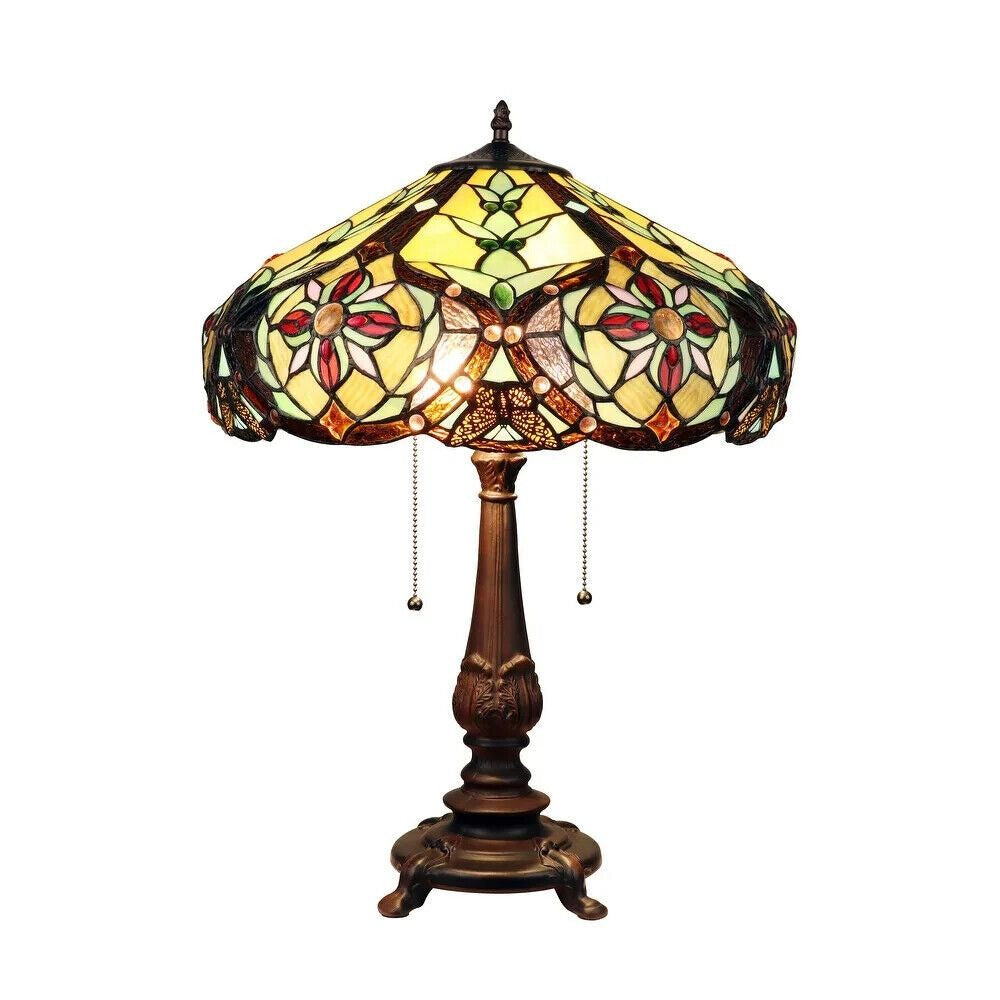 Stained Glass Table Lamp Tiffany Style Victorian Design 2 Light in Amber 24in