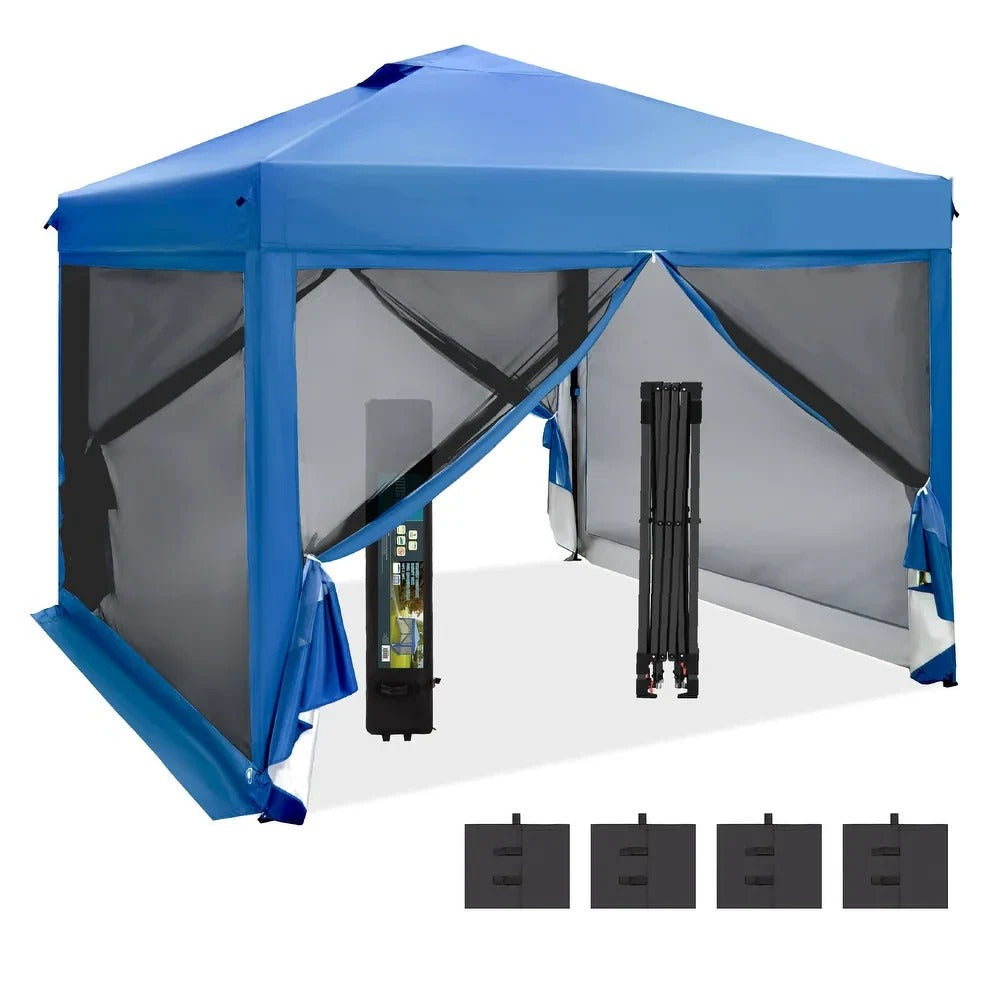 10x10ft Pop-Up Adjustable Canopy Gazebo w/ Netting, Vented Top, Wheeled Bag BLUE