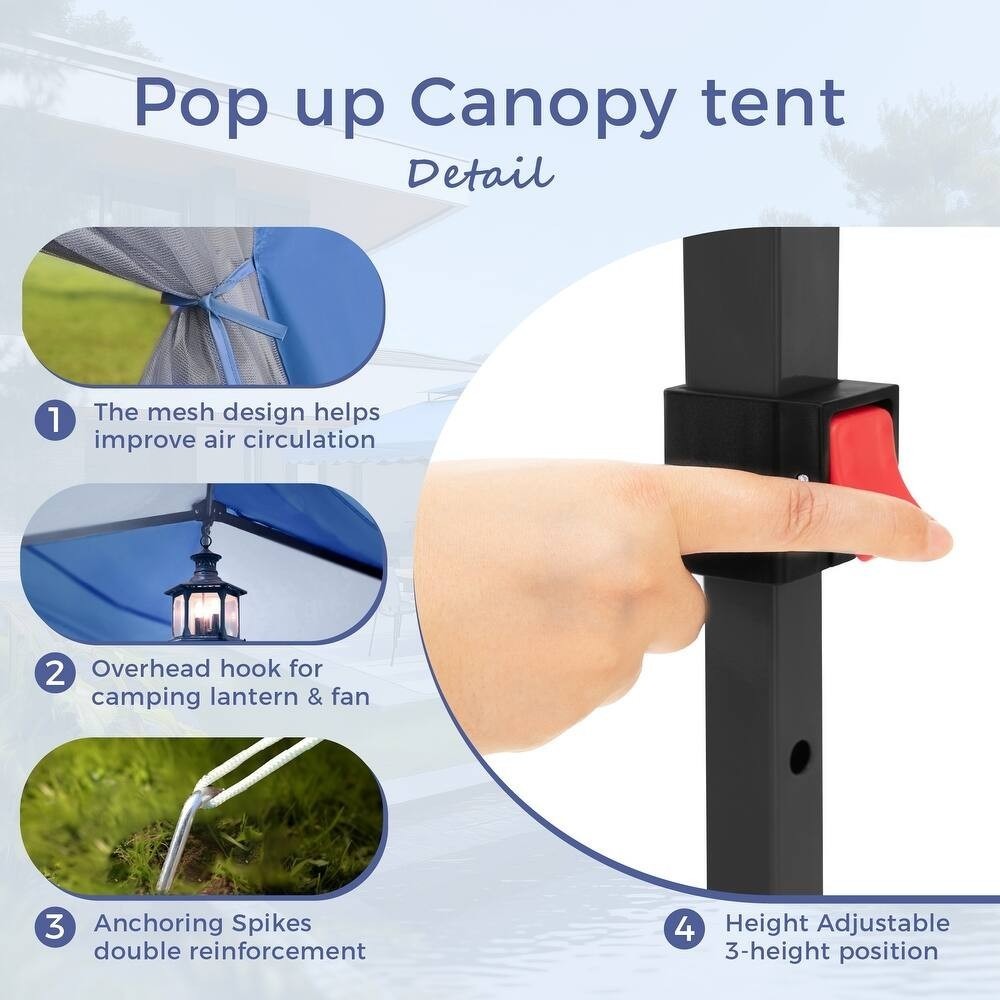 10x10ft Pop-Up Adjustable Canopy Gazebo w/ Netting, Vented Top, Wheeled Bag BLUE