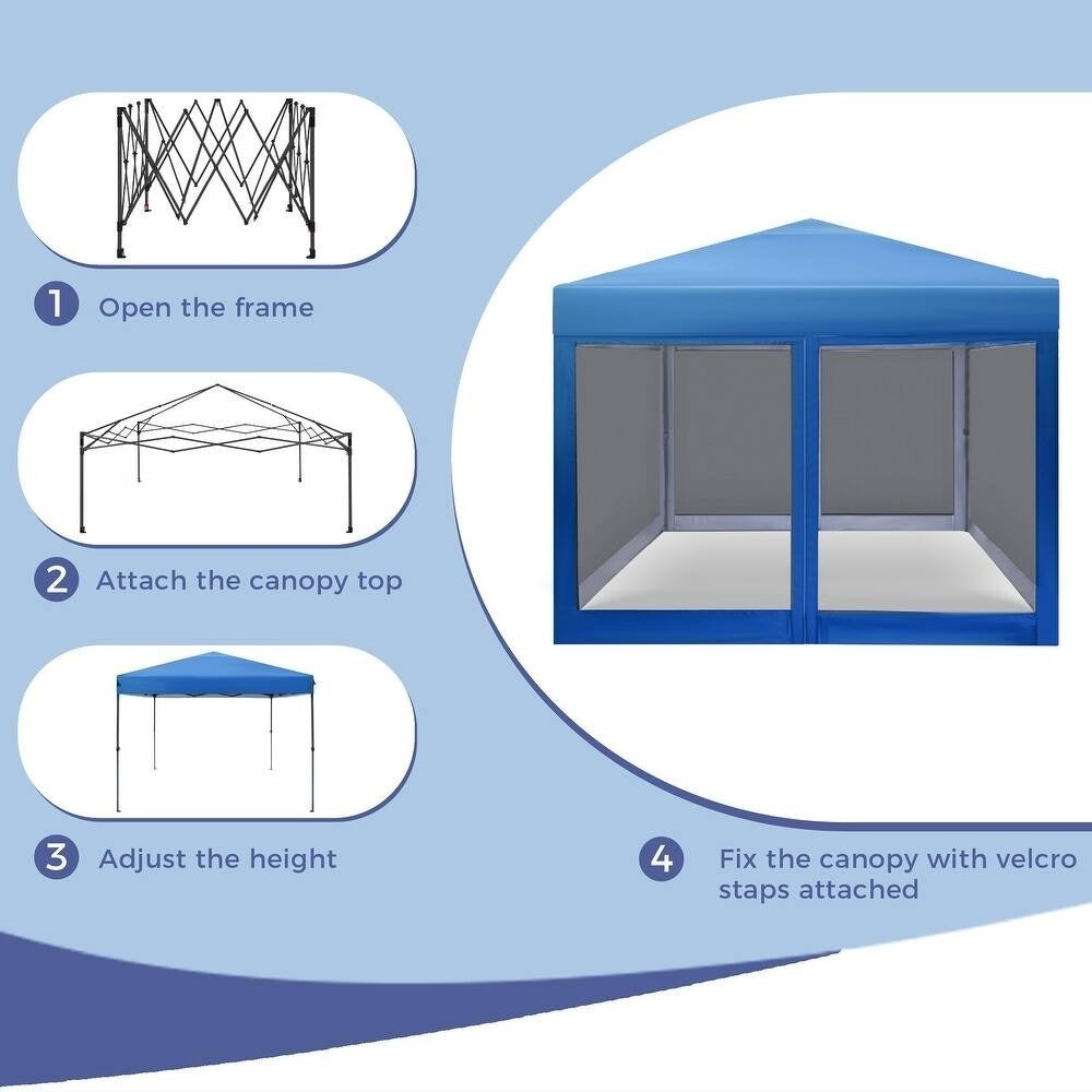 10x10ft Pop-Up Adjustable Canopy Gazebo w/ Netting, Vented Top, Wheeled Bag BLUE
