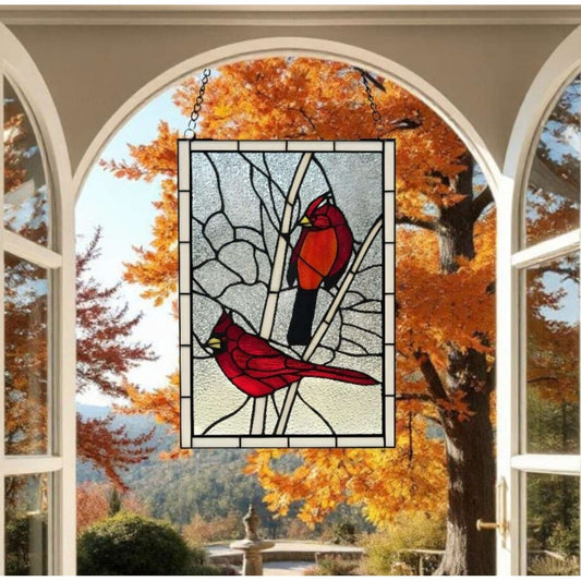 Tiffany Style Red Cardinal Stained Glass Hanging Window Panel Suncatcher 12x18in