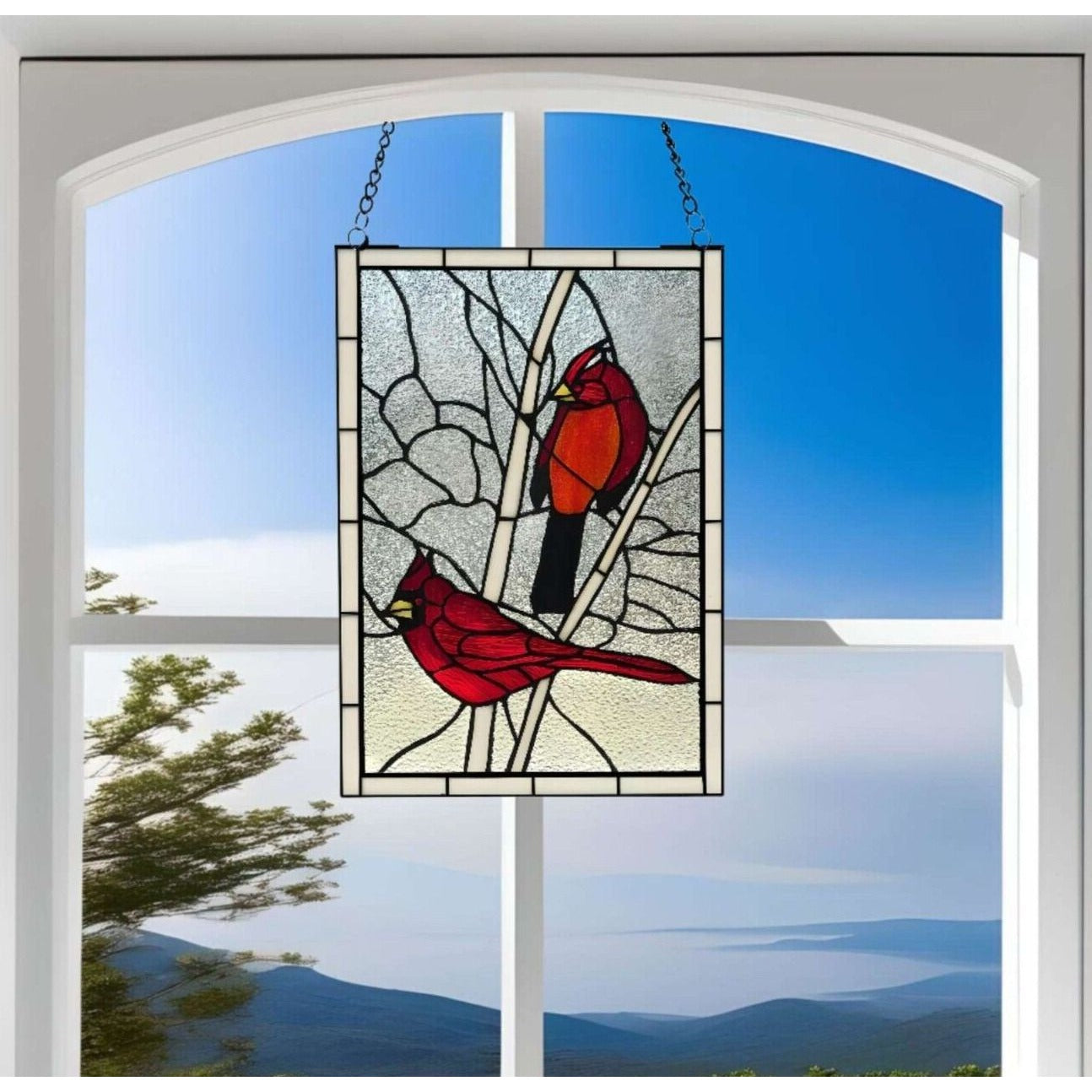 Stained deals Glass Panel Red Birds Sun catcher Window Hanging Glass Panel