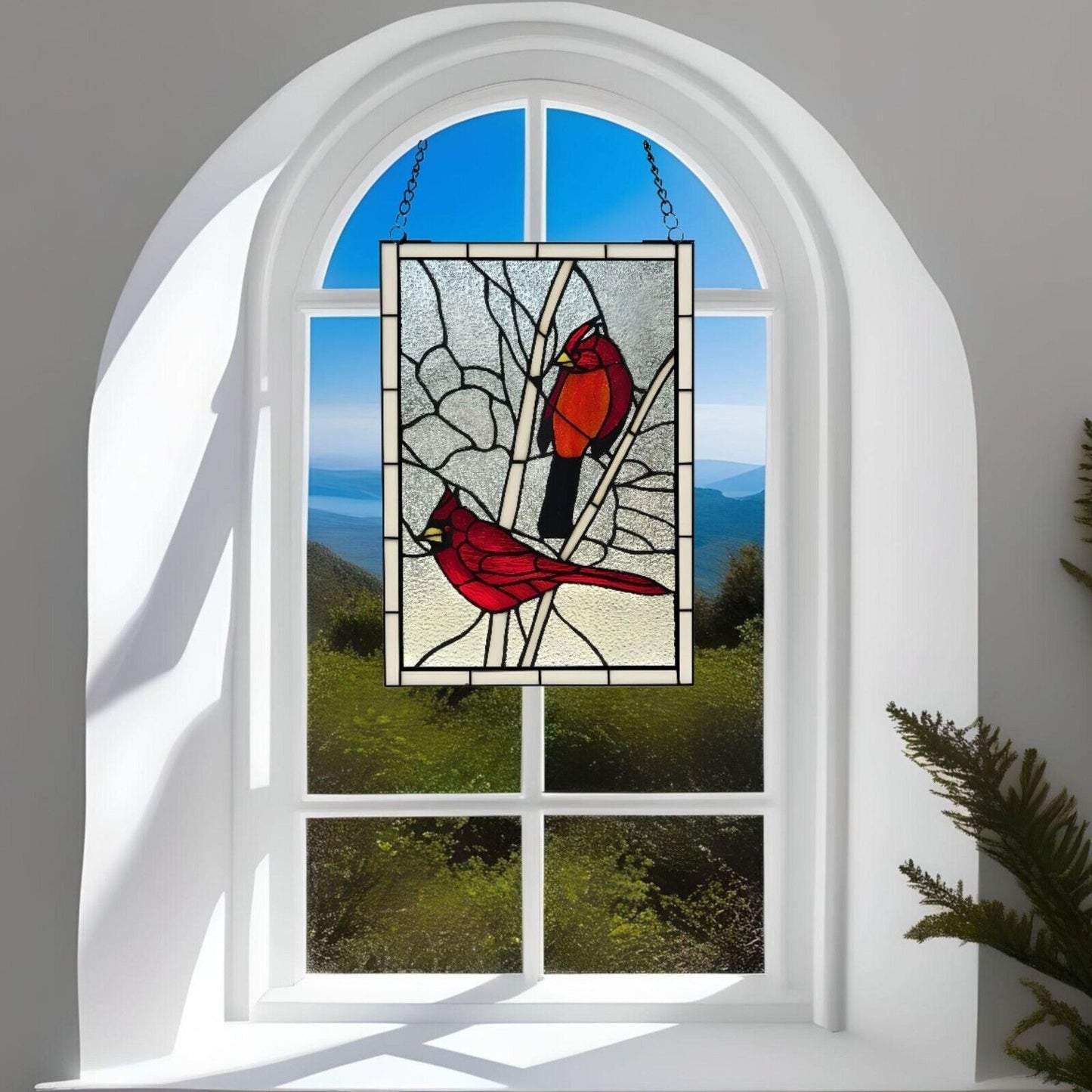 Tiffany Style Red Cardinal Stained Glass Hanging Window Panel Suncatcher 12x18in