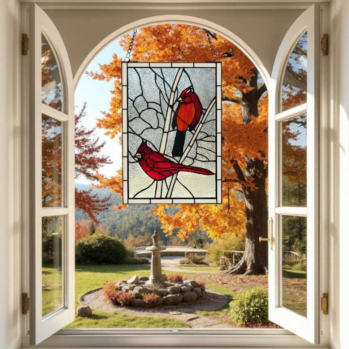 Tiffany Style Red Cardinal Stained Glass Hanging Window Panel Suncatcher 12x18in