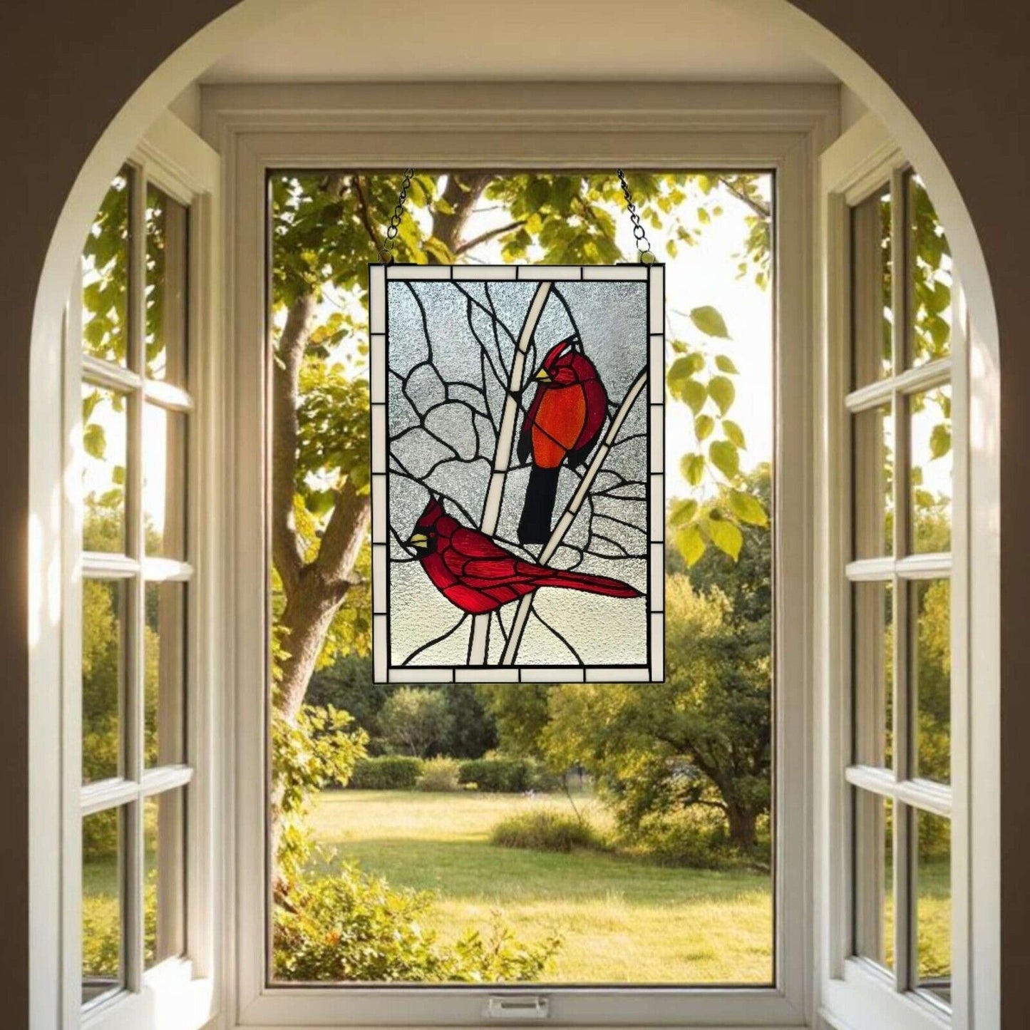 Tiffany Style Red Cardinal Stained Glass Hanging Window Panel Suncatcher 12x18in