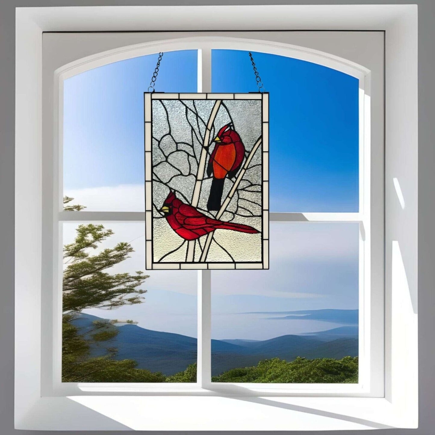 Tiffany Style Red Cardinal Stained Glass Hanging Window Panel Suncatcher 12x18in