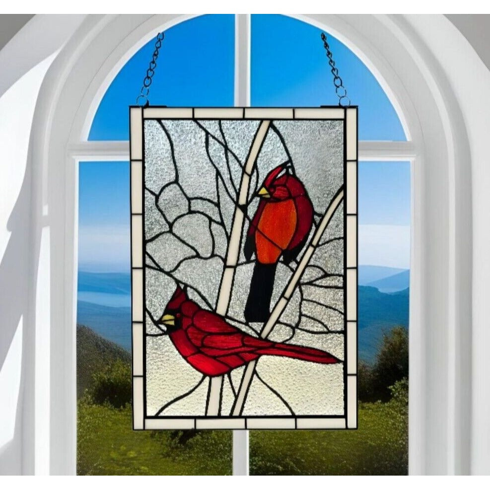 Tiffany Style Red Cardinal Stained Glass Hanging Window Panel Suncatcher 12x18in