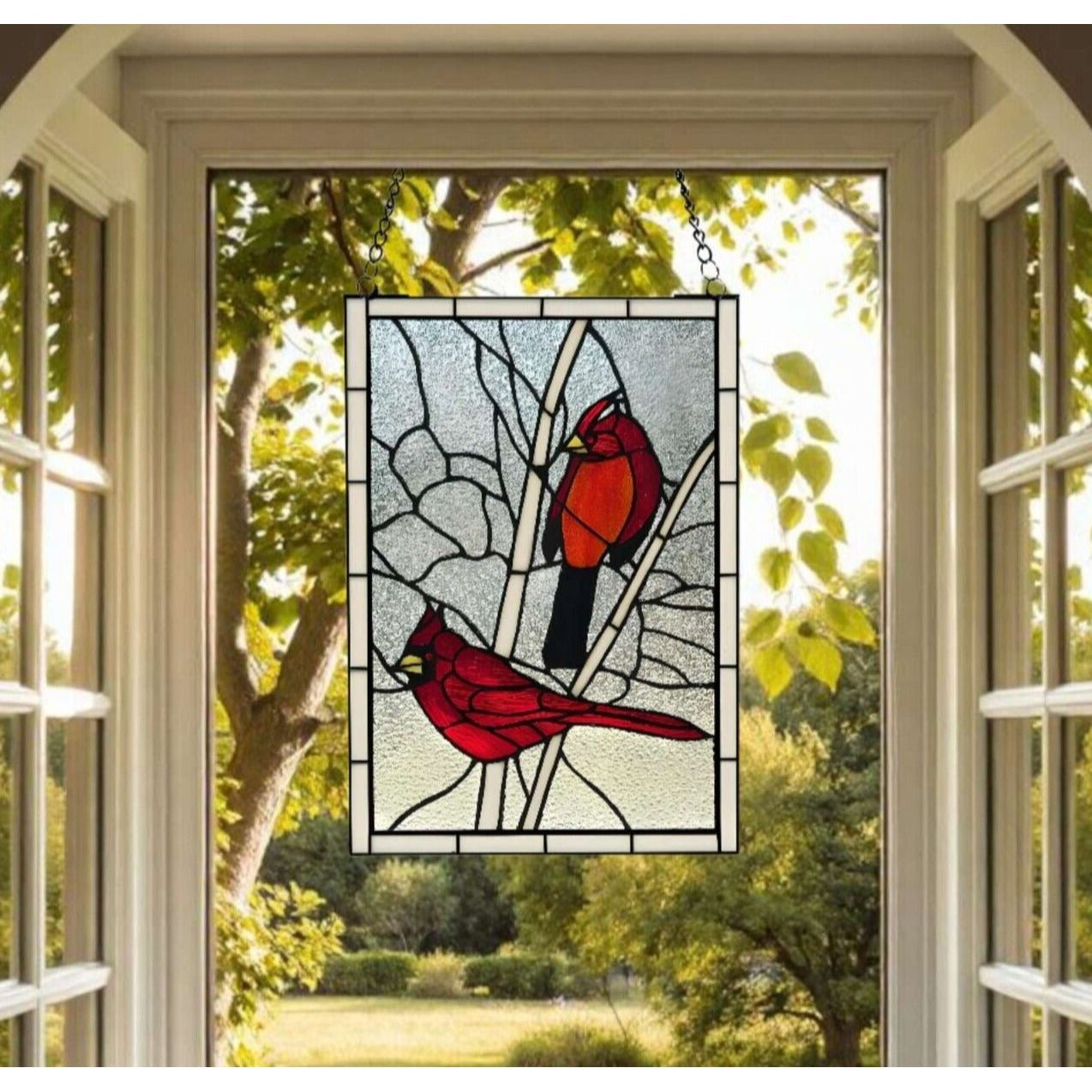 Tiffany Style Red Cardinal Stained Glass Hanging Window Panel Suncatcher 12x18in