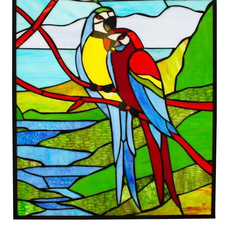 Stained Glass Happy Parrots Colorful Window Panel Suncatcher Window Panel 25x18