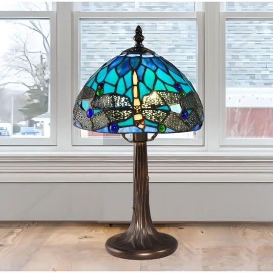 Tiffany Style Dragonfly Shade Stained Glass Table Lamp in Bright Azure Blue 14in