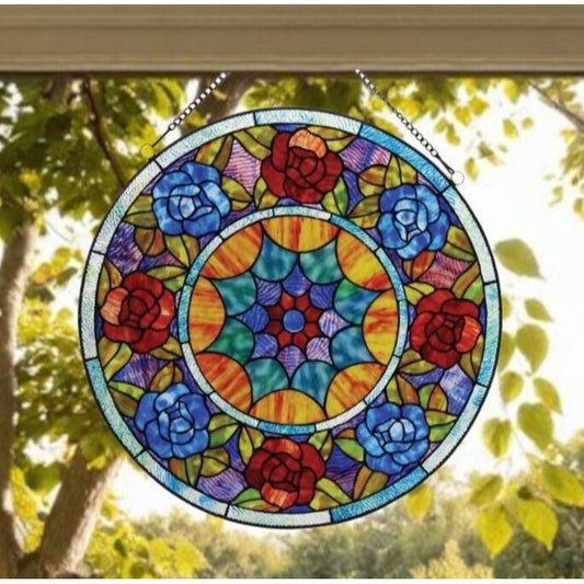 Tiffany Style Stained Glass Panel Suncatcher with Red and Blue Floral Motif 22in