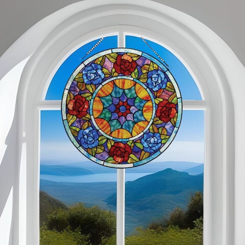 Tiffany Style Stained Glass Panel Suncatcher with Red and Blue Floral Motif 22in