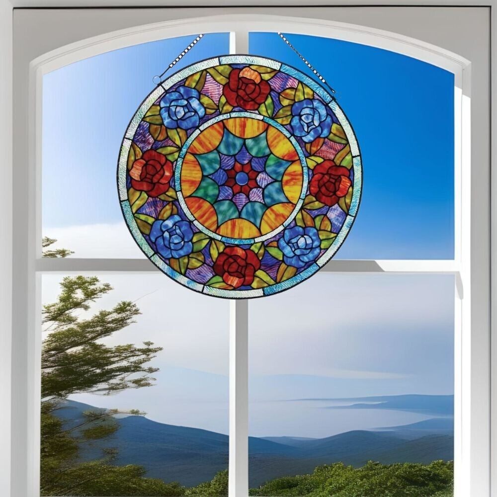 Tiffany Style Stained Glass Panel Suncatcher with Red and Blue Floral Motif 22in