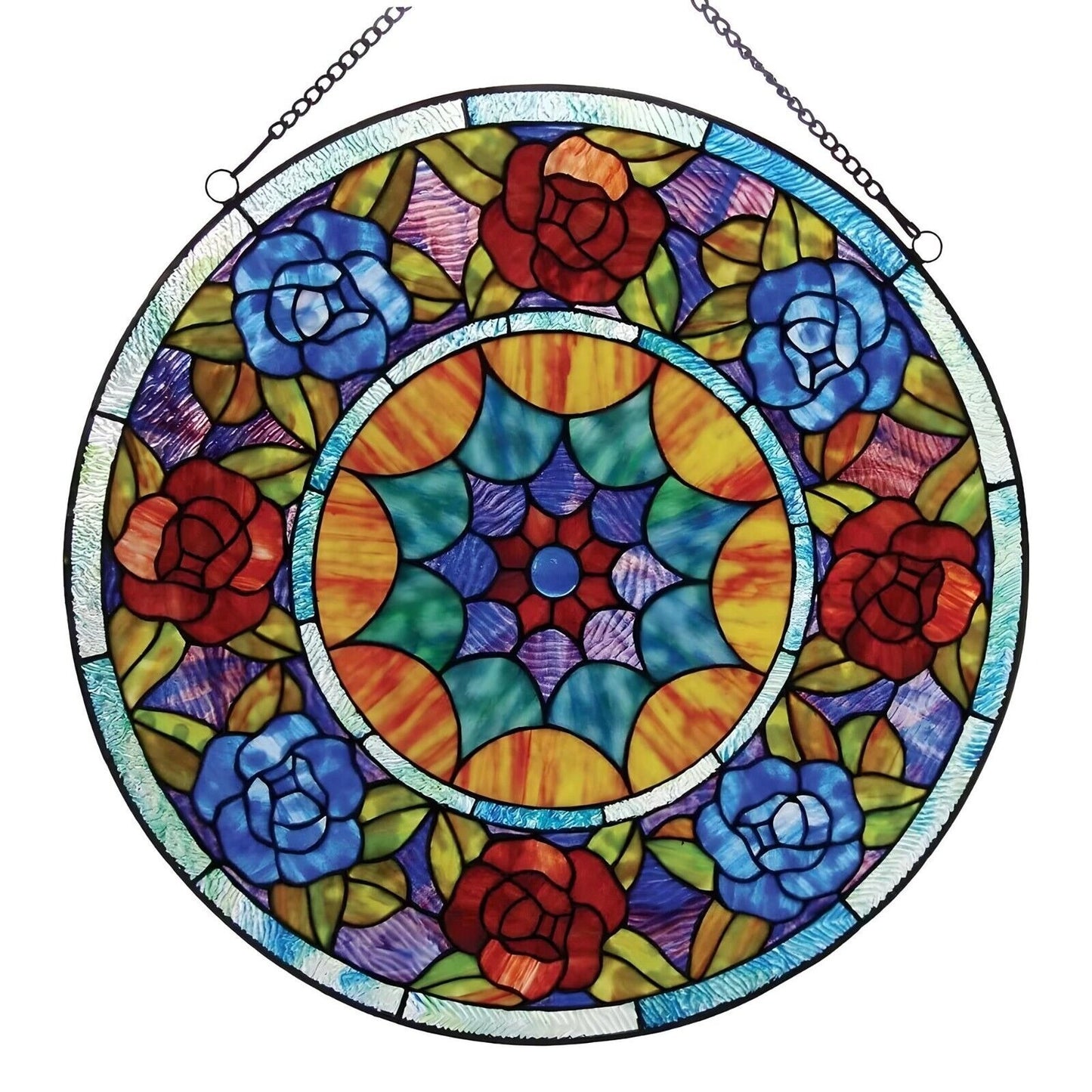 Tiffany Style Stained Glass Panel Suncatcher with Red and Blue Floral Motif 22in