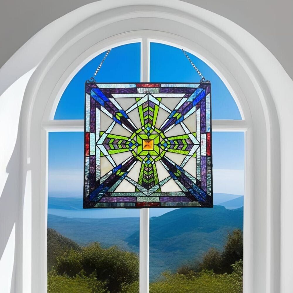 Tiffany Style Mission Stained Glass Window Suncatcher in Blue and Green 18x18n