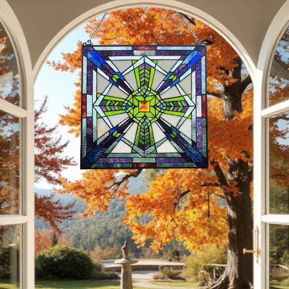 Tiffany Style Mission Stained Glass Window Suncatcher in Blue and Green 18x18n