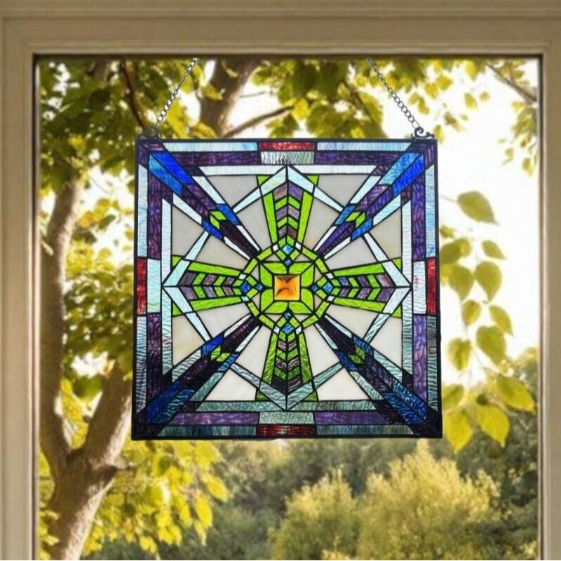 Tiffany Style Mission Stained Glass Window Suncatcher in Blue and Green 18x18n