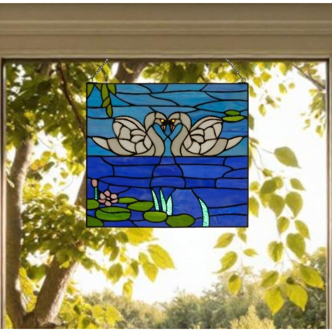 Tiffany Style Stained Glass Swan Window Panel Suncatcher-Handcrafted 16x14in