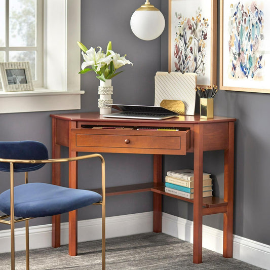 Corner Computer Desk for Home Office and Study w/ Lower Shelf Cherry Wood Finish