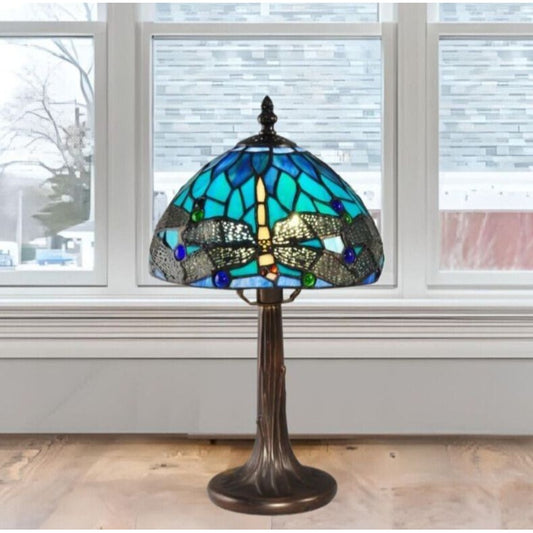 Azure Blue Stained Glass Accent Table Lamp Dragonfly Dome Shade 14.5in