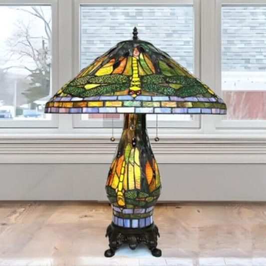 Tiffany Style Green and Yellow Stained Glass Dragonfly Accent Reading Table Lamp