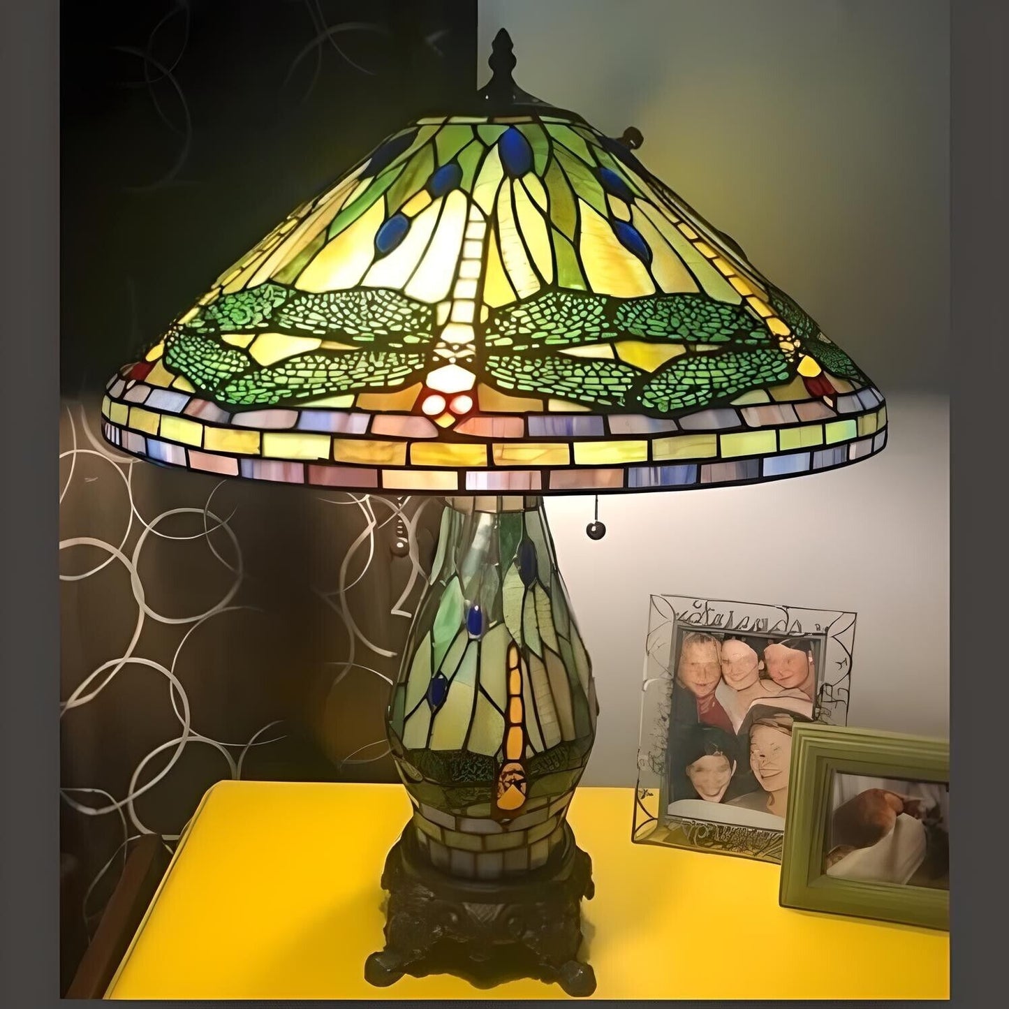 Tiffany Style Green and Yellow Stained Glass Dragonfly Accent Reading Table Lamp