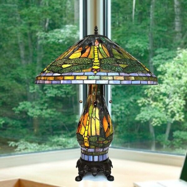 Tiffany Style Green and Yellow Stained Glass Dragonfly Accent Reading Table Lamp