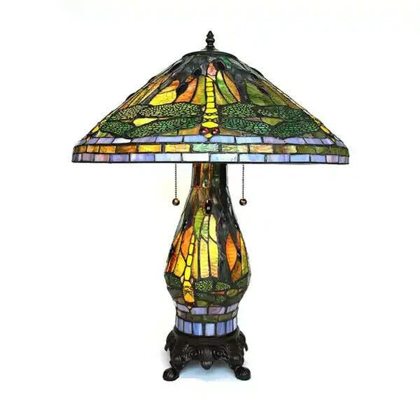 Tiffany Style Green and Yellow Stained Glass Dragonfly Accent Reading Table Lamp