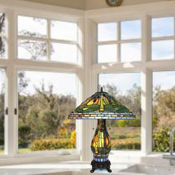 Tiffany Style Green and Yellow Stained Glass Dragonfly Accent Reading Table Lamp