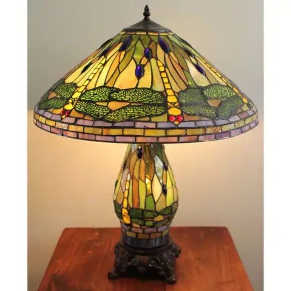 Tiffany Style Green and Yellow Stained Glass Dragonfly Accent Reading Table Lamp