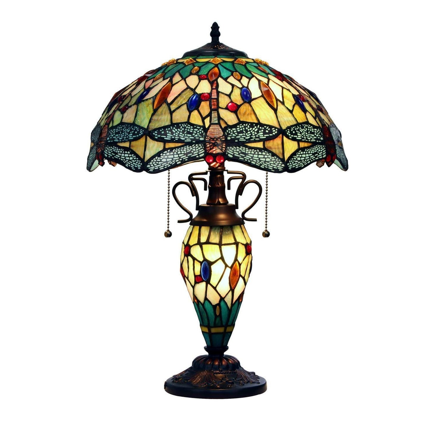 Victorian Yellow Green Tiffany Style Dragonfly Stained Glass Table With Lit Base