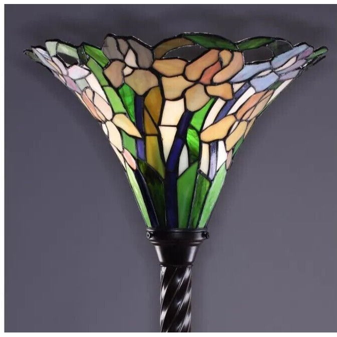 Iris Floral Tiffany Style Stained Glass Torchiere Floor Lamp Barley Twist Base