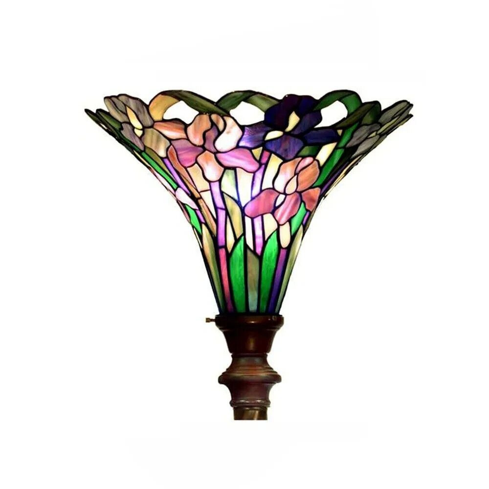 Iris Floral Tiffany Style Stained Glass Torchiere Floor Lamp Barley Twist Base