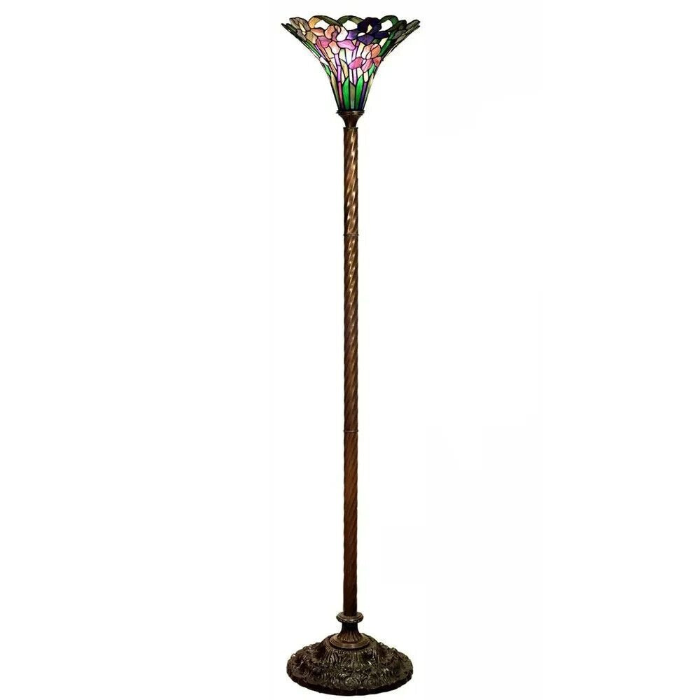 Iris Floral Tiffany Style Stained Glass Torchiere Floor Lamp Barley Twist Base