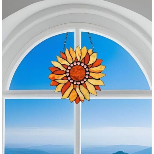 Orange Sunflower Design Stained Glass Window Panel Suncatcher Round 12in