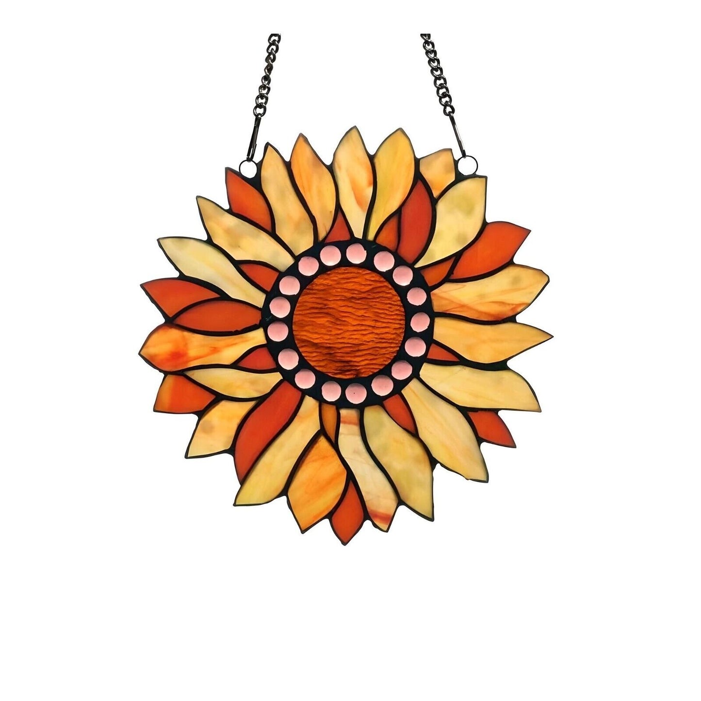 Orange Sunflower Design Stained Glass Window Panel Suncatcher Round 12in