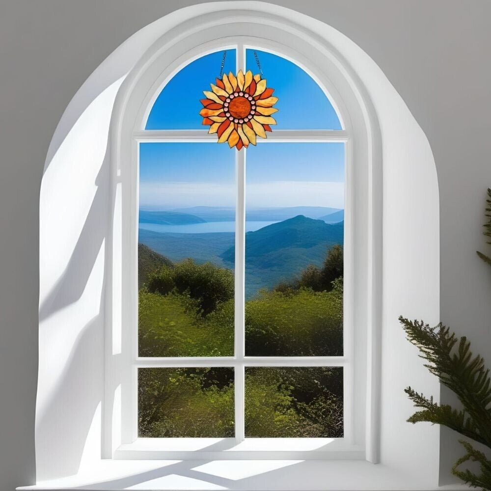 Orange Sunflower Design Stained Glass Window Panel Suncatcher Round 12in